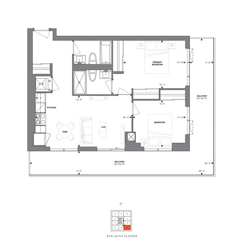 Floor plan for 2 beds, 2 baths, 805 sqft